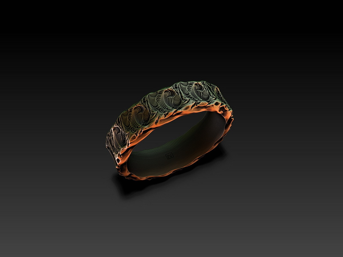 Three-quarter view of Rock and Wave Ring showing the rough sculptural exterior, smoother lower edge, and smooth inner surface